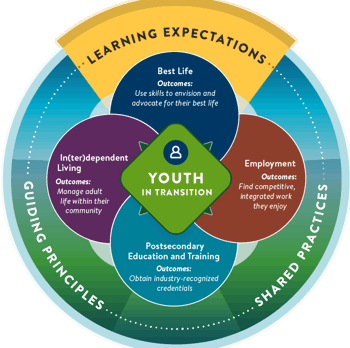 A circular graphic depicting the Minnesota Youth In Transition Framework. The words 'Youth in transition' are in the center, surrounded by four overlapping circles. The four circles contain the words: Best Life, Outcomes: Use skills to envision and advocate for their best life. Independent Living, Outcomes: Successfully live as independently as possible. Employment, Outcomes: Find competitive, integrated work they enjoy. Postsecondary Education and Training, Outcomes: Obtain industry-recognized credentials. Surrounding the four circles are the words: learning expectations, guiding principles, and shared practices. Learning expectations is highlighted.