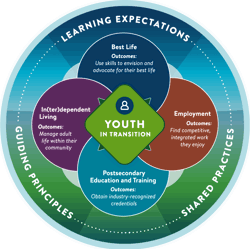 A circular graphic depicting the Minnesota Youth In Transition Framework. The words 'Youth in transition' are in the center, surrounded by four overlapping circles. The four circles contain the words: Best Life, Outcomes: Use skills to envision and advocate for their best life. Independent Living, Outcomes: Successfully live as independently as possible. Employment, Outcomes: Find competitive, integrated work they enjoy. Postsecondary Education and Training, Outcomes: Obtain industry-recognized credentials. Surrounding the four circles are the words: learning expectations, guiding principles, and shared practices.