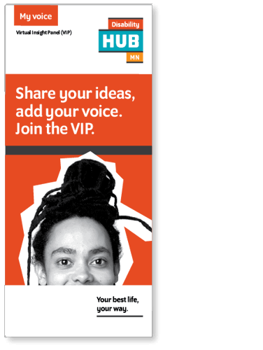 VIP kiosk card showing top half of a smiling woman face and Share your ideas, add your voice. Join the VIP quote